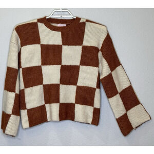 Pink Lily Crewneck Oversized Sweater Sz Small Cream Rust Check Long Bell Sleeve